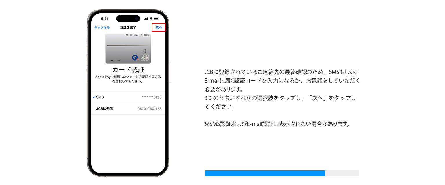 JCBに登録されているご連絡先の最終確認のため、SMSもしくはE-mailに届く認証コードを入力になるか、お電話をしていただく必要があります