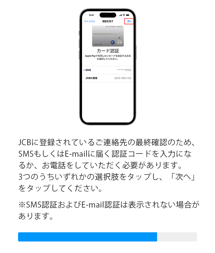 JCBに登録されているご連絡先の最終確認のため、SMSもしくはE-mailに届く認証コードを入力になるか、お電話をしていただく必要があります