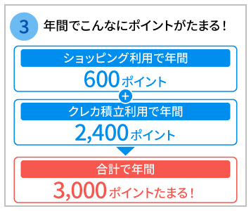 年間でこんなにポイントがたまる！ショッピング利用で年間600ポイント クレカ積立利用で年間2,400ポイント 合計で年間3,000ポイントたまる！