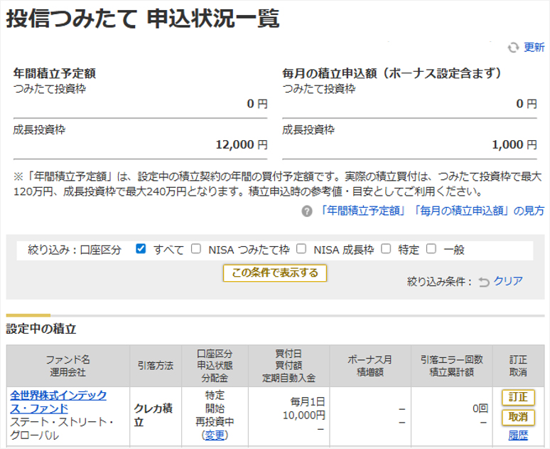 「投信つみたて申込状況」をクリックすると申し込んだ内容が表示されます。